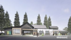 Top half of image is an architecture rending of the TLOC exterior, bottom half is a proposed floor plan of the building