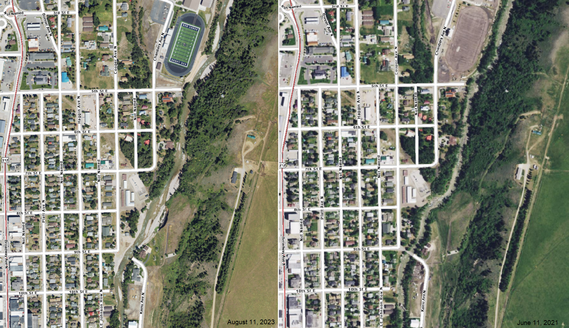 Comparison of the 2023 (left) and 2021 (right) NAIP showing Rock Creek before and after the 2022 flooding in Red Lodge, Montana