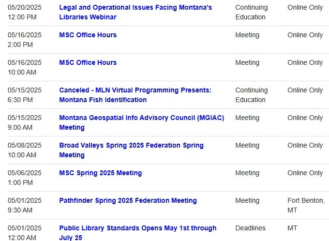 ASPeN Event Calendar through 5/20/2025