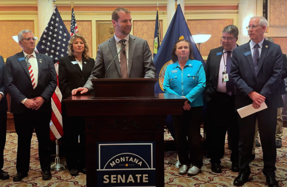 Senate President Regier speaking at a press conference.