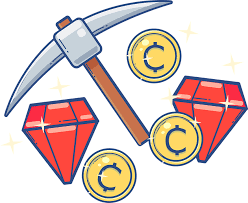 Image of pick ax, gold coins, and gemstones "mining for resources" courtesy of Pixabay