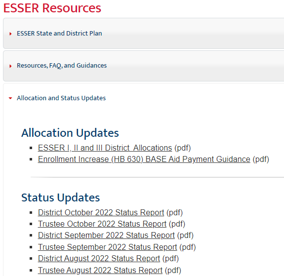 Location of Monthly ESSER Reports for Districts/Trustees