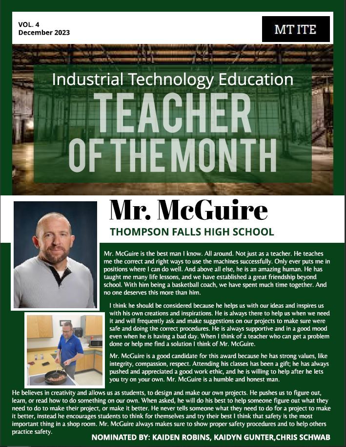 Dec Industrial Technology Teacher of the Month 
