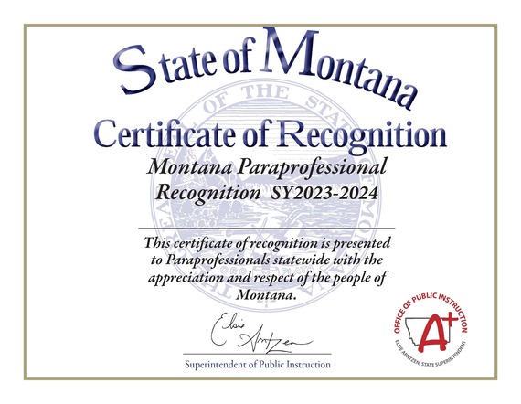 MT Paraprofessionals Week Certificate of Recognition