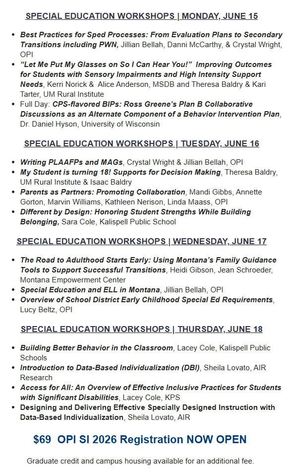 Summer Institute Special Education Sessions