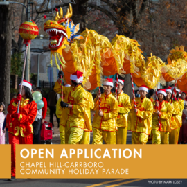 Open Application for holiday parade with people performing dragon dance