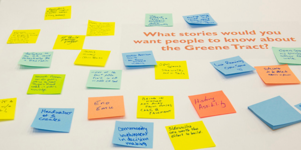 Post-it notes on a paper with the question What stories would you want people to know about the Greene Tract
