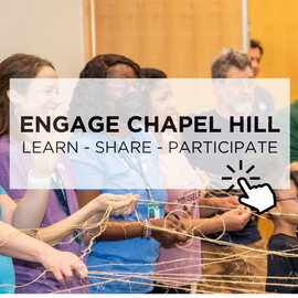 Engage Chapel Hill portal image with words superimposed on a picture of people performing a string activity