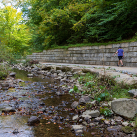 Person walking on Bolin Creek Trail next to the creek