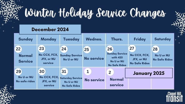 Transit Winter Holiday schedule