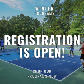 Winter registration for parks and recreation programs superimposed on picture of a tennis court