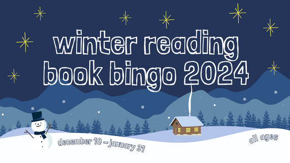 Winter reading book bingo on a winter scene