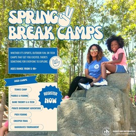 Child and camp counselor on a large boulder with information about Parks and Rec spring break camps