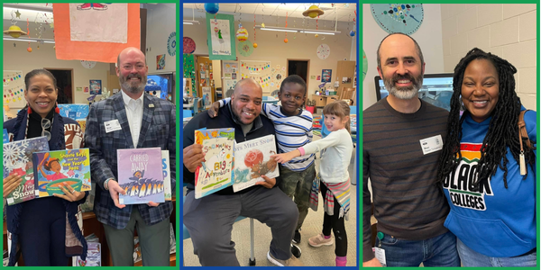 A panel of three pictures of staff holding books at Northside Elementary