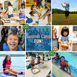 Grid of pictures showing summer camp activities like art, dodgeball, frisbee, board games, and swimming