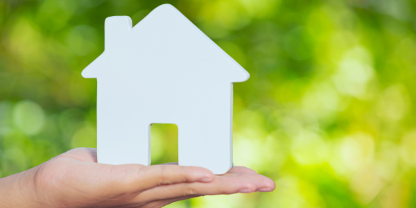 Hand holding block in shape of a house with nature background