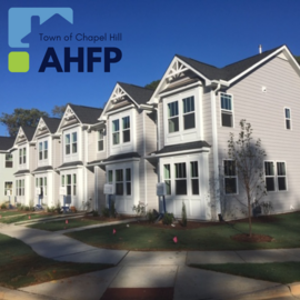 Chandler Woods townhomes and sidewalk with Affordable Housing Funding Plan logo