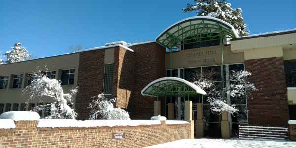 Town Hall entrance with snow