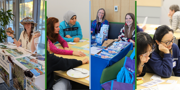 Four pictures of people smiling or engaging in activities at Peoples Academy session