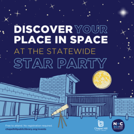 Cartoon Chapel Hill Public Library with telescope for Star Party