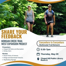 Morgan Creek Trail West extension open house on May 19 at the library from 5:30 to 7 p.m.