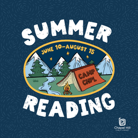Summer Reading with vignette for Camp CHPL - a book set up as a tent, mountains in the background with a stream and person next to it