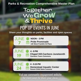 Parks and Rec Comprehensive Master Plan Pop-ups on June 7, June 19, and June 24