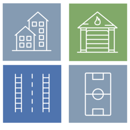 Icons of affordable housing, a fire station, street with sidewalk, and a basketball court