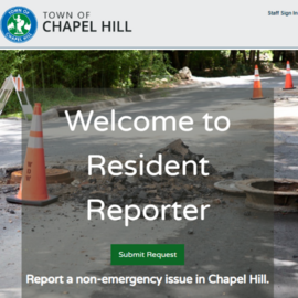 Welcome to Resident Reporter superimposed on an image of a pot hole being fixed