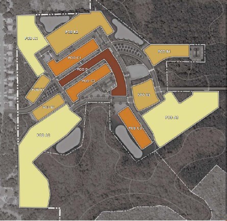 Aerial map of Greene Tract property with different properties in different colors