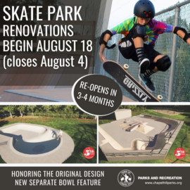 Skateboarder with helmet and pads on skate park - skate park closes august 4 for renovations