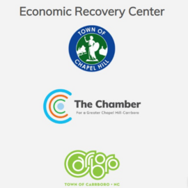 Economic Recovery Center with Town of Chapel Hill seal, Chamber of Commerce logo, and Town of Carrboro logo