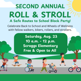 Cartoon people walking, biking, skateboarding, scooting, and rolling on sidewalk with trees