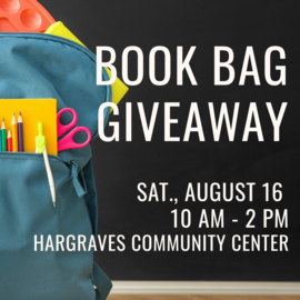 Bookbag with colored pencils, scissors, paper, and other supplies sticking out of it