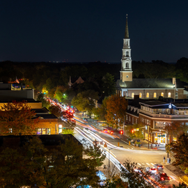 Skyline at night of downtown Chapel Hill