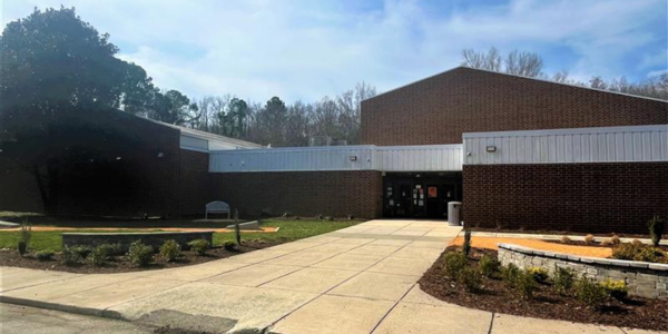 Sidewalk and entrance to Community Center building