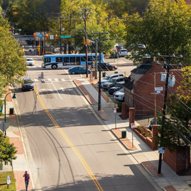 Aerial view of Rosemary St. at Columbia St. showing approximately where OWASA work will occur