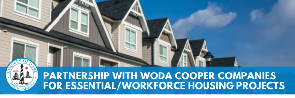 Image of apartment complex. Text overlay reads: Partnership with Woda Cooper Companies for Essential/Workforce Housing Projects