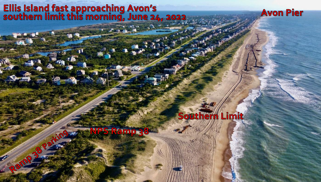 Aerial image of Avon beach nourishment project with annotations depicting NPS Ramp 38, Avon Pier and the southern limit.