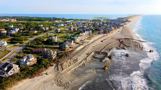 Aerial image of Buxton beach nourishment construction, looking North. 