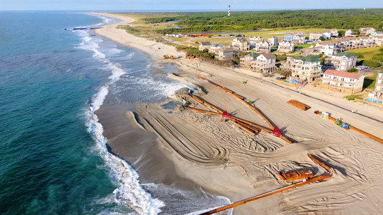 Aerial image of Buxton beach nourishment construction, looking South. 