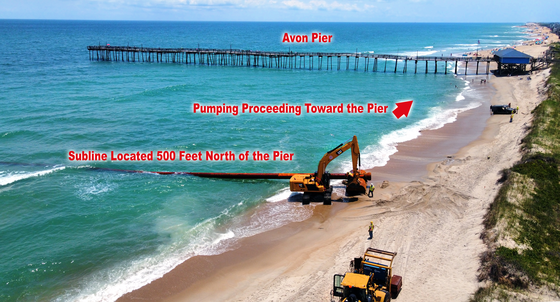 Aerial image of the Avon beach nourishment subline being set up close to the Avon pier.