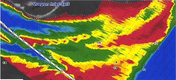 Survey graphic of Oregon Inlet Channel with the colors red, green, yellow and blue depicting depths and channel markers listed as numbers.