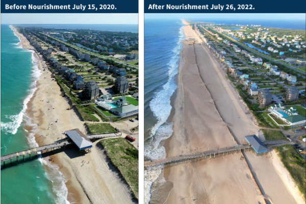 Aerial images taken before (July 15, 2020) and after (July 26, 2022) beach nourishment in Avon featuring the Avon pier.