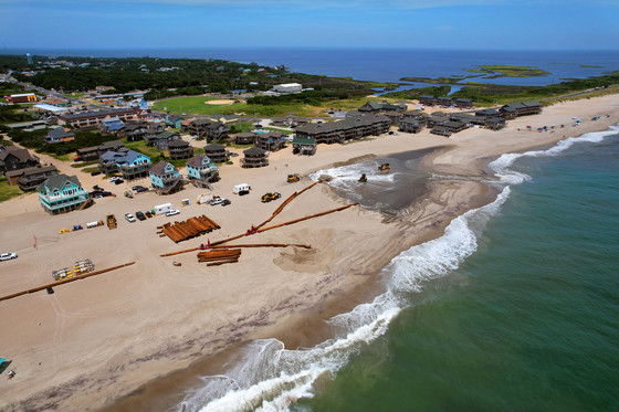 Aerial image of sand pumping for beach nourishment in Buxton. Image courtesy of Coastal Science & Engineering, taken on July 28, 2022.
