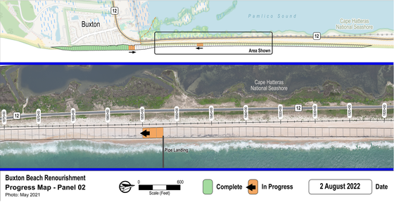 Buxton beach nourishment progress map showing the areas that have received nourishment and those currently under construction.