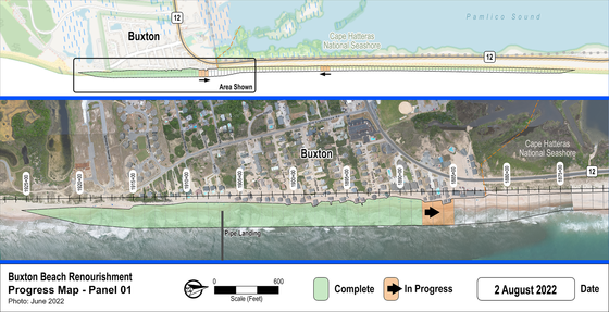 Buxton beach nourishment progress map showing the areas that have received nourishment and those currently under construction.