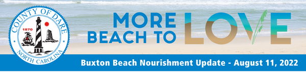 Image of a beach. Text overlay reads, More Beach to Love- Buxton Beach Nourishment Update - August 11, 2022.