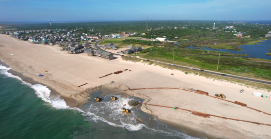 Aerial image of beach nourishment in Buxton taken on August 11, 2022.