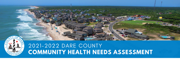Aerial image of Buxton, NC. Text overlay reads, "2021-2022 Dare County Community Health Needs Assessment"